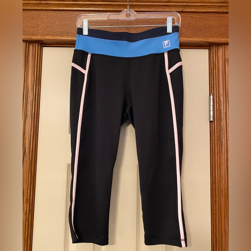 Fila Sport Black Capri Leggings with Blue Waistband and Pink Trim Sz S